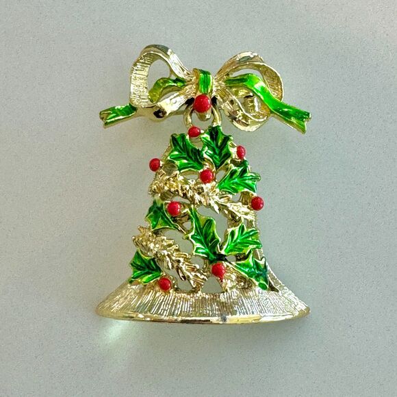 Vintage Gerry's Holiday Christmas Enamel Bell Pin Brooch w Bow 2" Long - Picture 9 of 12